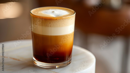 Product photo of nitro cold brew coffee, on light surface, isolated on white background. studio lighting. 