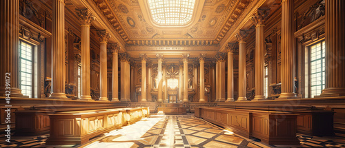 Empty courtroom with wooden furniture and ornate ceiling