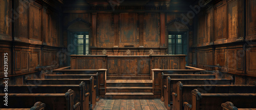 Empty jury box with wooden dividers and seats photo