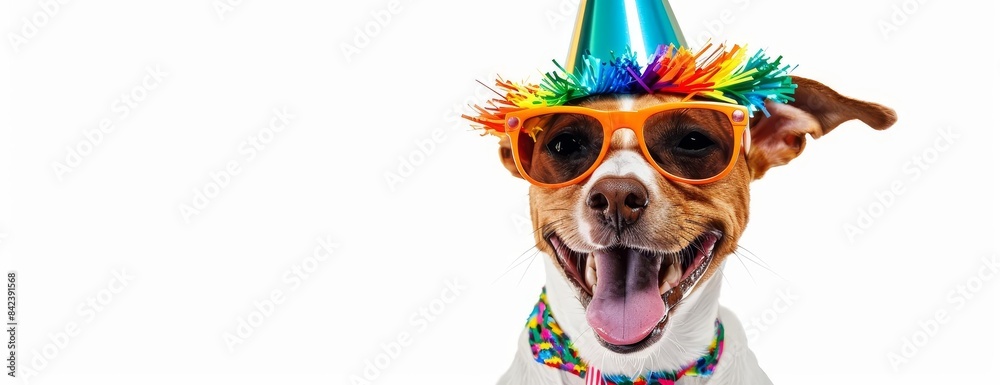 Low-angle view of a funny party dog, wearing a colorful summer hat and stylish sunglasses, isolated on a white background, ample copyspace, photorealistic digital illustration Low-angle view of a funny party dog, wearing a colorful summer hat and stylish sunglasses, isolated on a white background, ample copyspace, photorealistic digital illustration