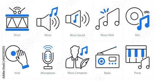 A set of 10 music icons as drum, music, music sound