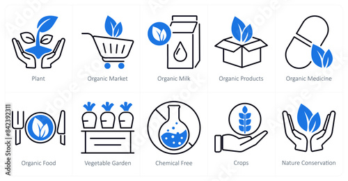 A set of 10 organic farming icons as plant, organic market, organic milk photo