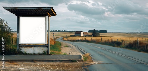 Portrait blank billboard at a country road bus stop, scenic fields and farmhouse.