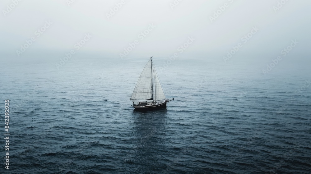 Lone sailboat drifting on calm ocean waves