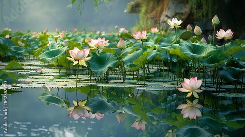 A serene pond with blooming lotus flowers reflects vibrant colors in the golden morning sun  creating tranquility.