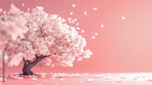 White cherry blossoms tree in a pink pastel background during spring