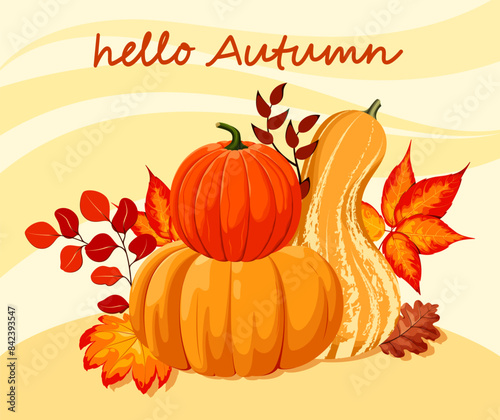 Card with bright ripe pumpkins. Hello, Autumn.