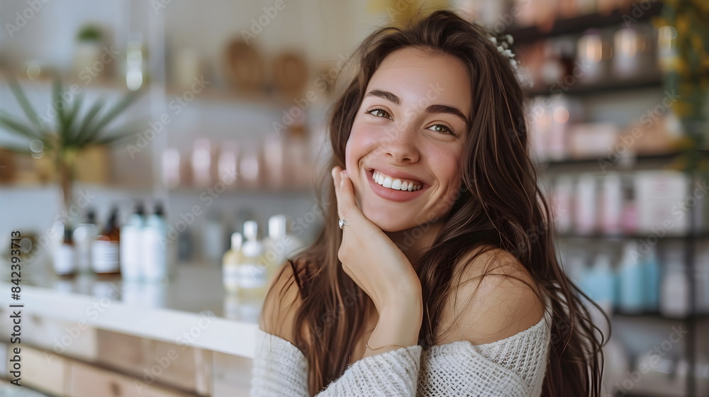 Happy Young Woman Beauty Products Shelves Smiling Happy Young Woman Beauty Products Shelves Smiling