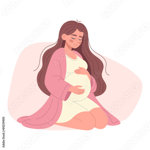 Pregnant woman hugging her belly, expectant mother, motherhood, isolated on white background
