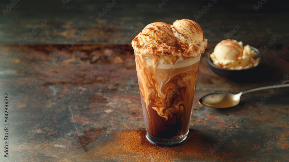 Product photo of nitro cold brew coffee with ice cream, on wooden table top surface, isolated on white background. studio lighting.
Product photo of nitro cold brew coffee with ice cream, on wooden table top surface, isolated on white background. studio lighting.