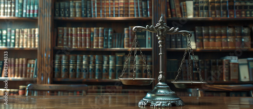 Gavel and scales of justice against a law library backdrop
