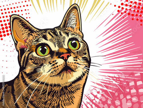 Funny portrait of a half-haired cat on a colored background in popo art style vector illustration