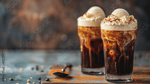 Product photo of nitro cold brew coffee with ice cream, on wooden table top surface, isolated on white background. studio lighting.	
 photo