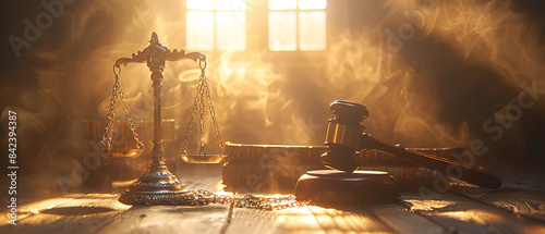 Gavel and scales of justice in a dramatic lighting setup photo