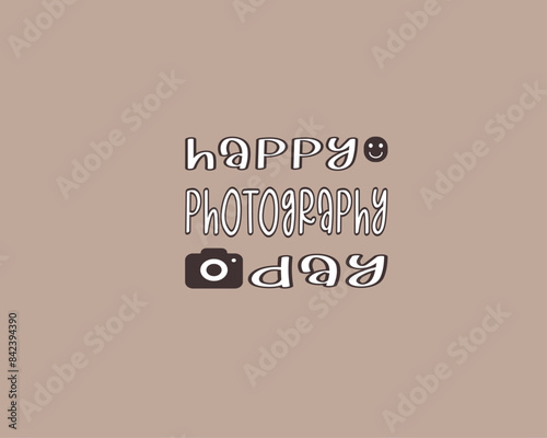 Brown Happy Photography Day Text Sticker with camera icon symbol, happy photography day camera repeated pattern background wallpaper, mustard camera background, template, flyer, cover, presentation,