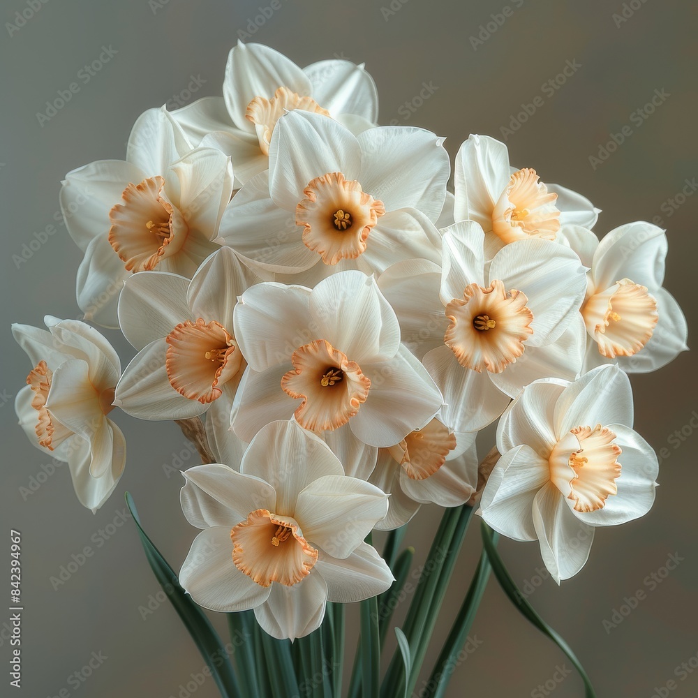 Fototapeta premium Elegant White Daffodil Bouquet in Soft Light - Realistic 8K HD Photography on White Background