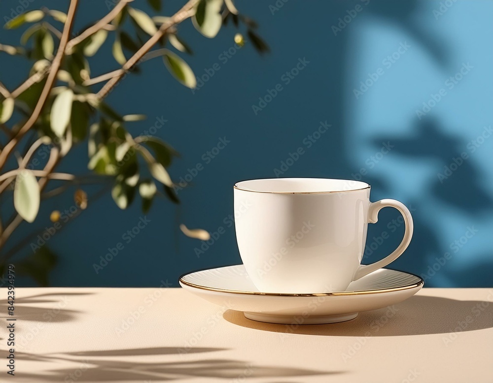 Obraz premium Elegant White Cup and Saucer on Beige Table with Blue Backdrop and Shadow. Concept Product Photography, White Cup, Elegant Setup, Beige Table, Blue Backdrop