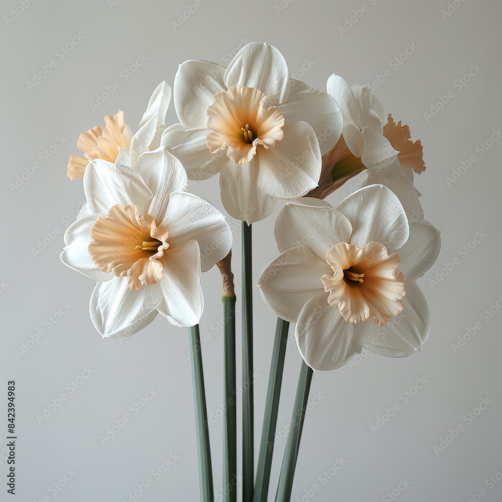 Naklejka premium Elegant White Daffodil Bouquet in Soft Light - Realistic 8k HD Photography on White Background
