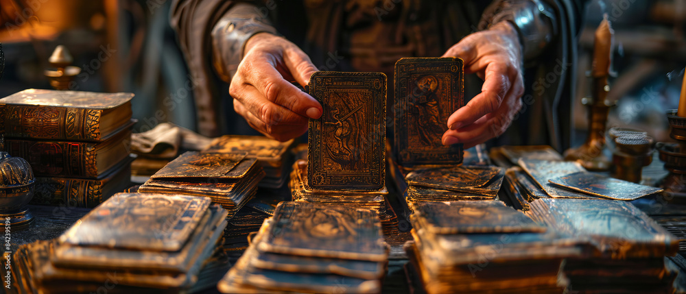 Hands shuffling tarot cards in a mystic setting Hands shuffling tarot cards in a mystic setting