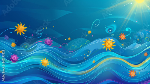 Bright summer background with abstract wave patterns and colorful sun icons  suitable for a summer sale promotion.