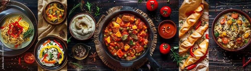 Top view collage of Bulgarian dishes, including banitsa, kebapche, and tarator, with a fresh and colorful presentation Top view collage of Bulgarian dishes, including banitsa, kebapche, and tarator, with a fresh and colorful presentation