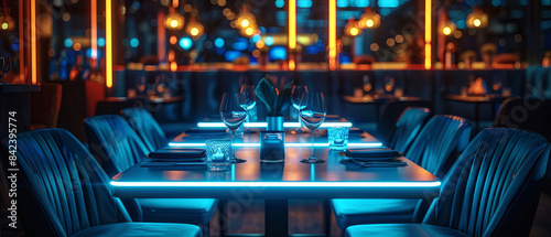 Highend dining table set with minimalistic neon lighting in a luxury restaurant photo