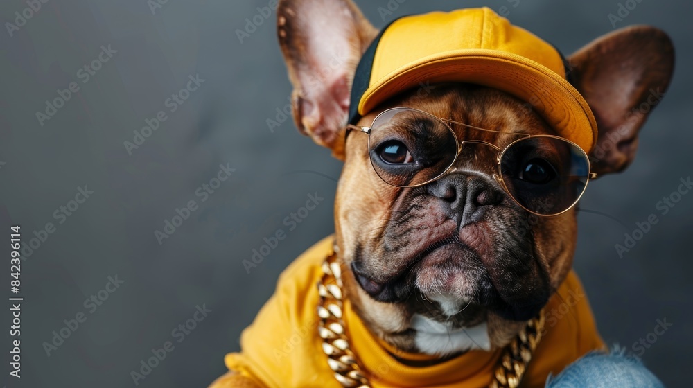 Stylish hip hop canine  dog in cap, shades   bling poses on dark background for humorous banner