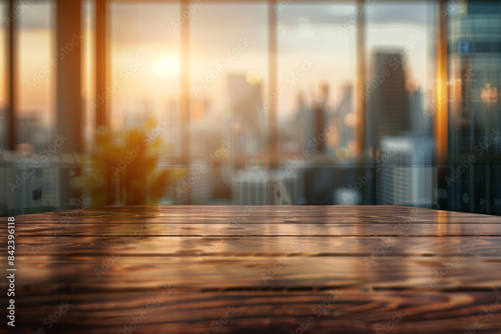 A luxury meeting desk top with blurred background of a boardroom with stunning city view. Good for background 