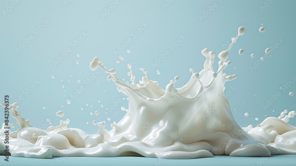 Milk splash on blue background wide banner design for low fat, full fat, and skimmed dairy products Milk splash on blue background wide banner design for low fat, full fat, and skimmed dairy products