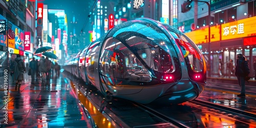 Highangle view of futuristic transportation pod in neonlit cityscape with dynamic colors. Concept Futuristic Transportation, Highangle View, Neonlit Cityscape, Dynamic Colors photo