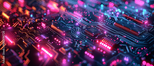 Highresolution closeup of vibrant digital circuit board pathways