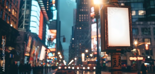 Fototapeta Naklejka Na Ścianę i Meble -  A small empty rectangular street art sticker mock-up on a lamppost at a busy city intersection.