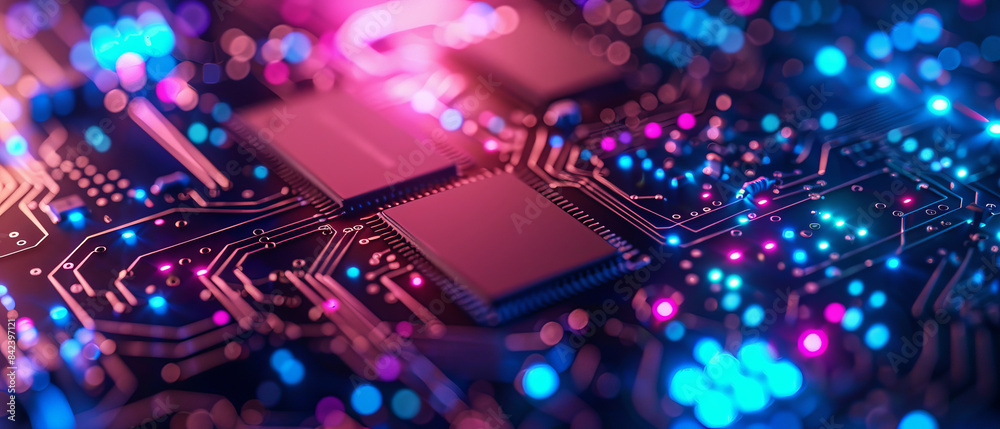 Fototapeta premium Hightech closeup of digital circuit board with blue, green, and purple lights