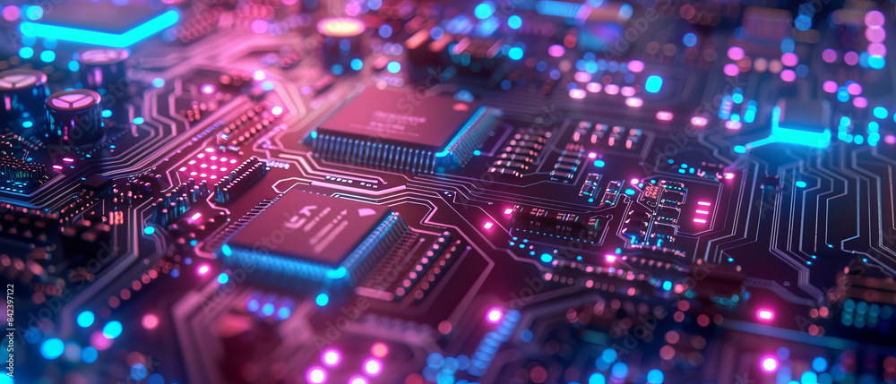 Obraz premium Hightech circuit board with blue, green, and purple glowing components