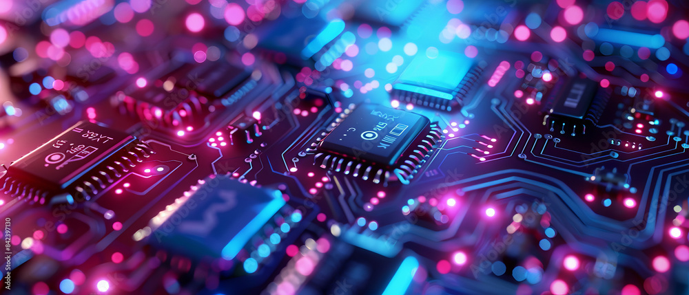 Hightech closeup of digital circuit board with blue, green, and purple lights Hightech closeup of digital circuit board with blue, green, and purple lights