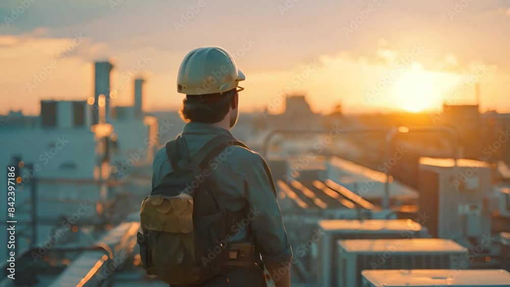 An engineer in protective gear stands on a rooftop An engineer in protective gear stands on a rooftop