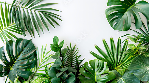 A modern background featuring vibrant tropical leaves and plants against a clean  white backdrop  emphasizing natural beauty and freshness