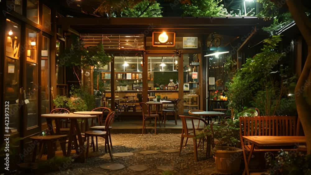 A charming outdoor café illuminated by warm lights, featuring wooden tables and chairs surrounded by lush greenery A charming outdoor café illuminated by warm lights, featuring wooden tables and chairs surrounded by lush greenery