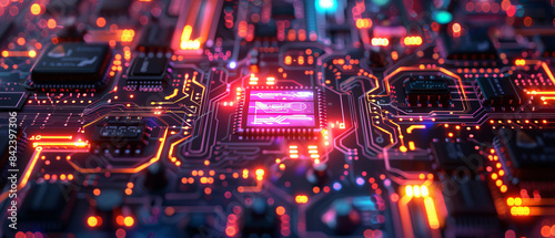 Hightech visual of circuit board with colorful glowing components