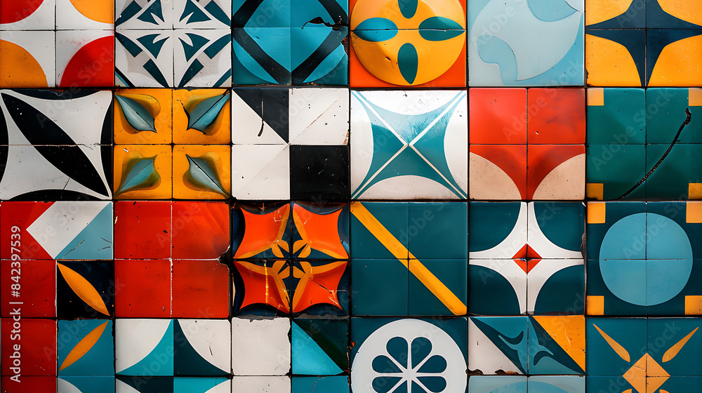 Fototapeta premium modern Spanish background featuring abstract representations of traditional Spanish tiles and patterns, blended with sleek geometric shapes and vibrant colors