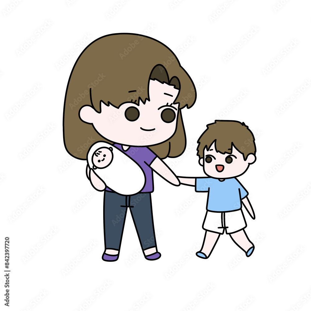 A woman is holding a baby in her arms while a young boy walks beside her A woman is holding a baby in her arms while a young boy walks beside her