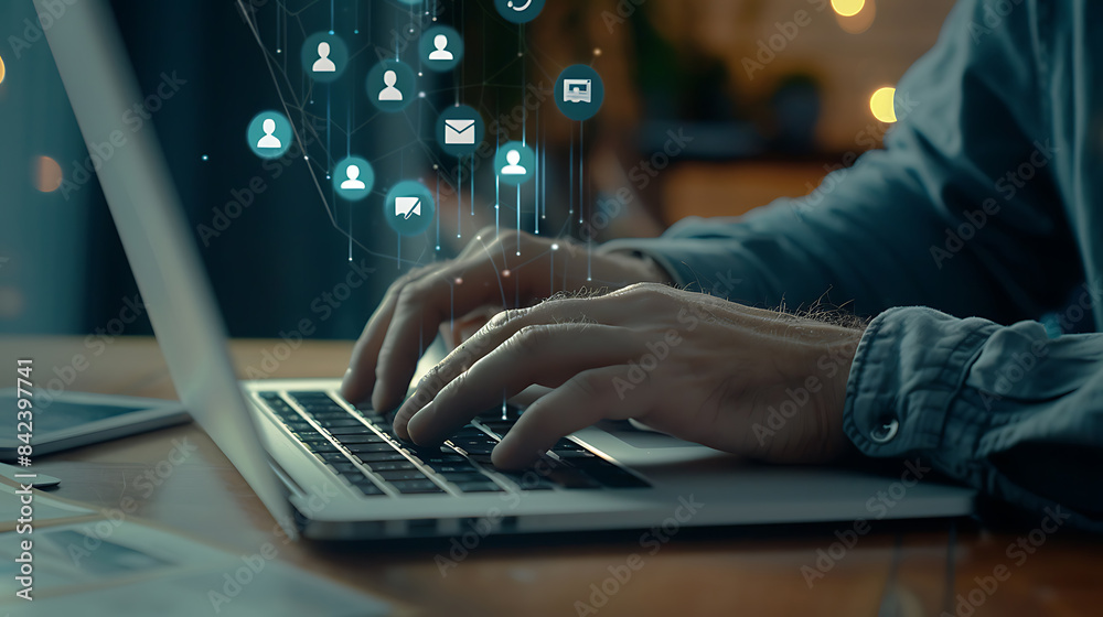 a person typing on a laptop with social media icons floating around, symbolizing online interactions and digital networking, with a focus on simplicity and modernity a person typing on a laptop with social media icons floating around, symbolizing online interactions and digital networking, with a focus on simplicity and modernity