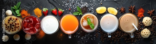 Top view collage of Chinese hot and cold beverages, including bubble tea, herbal tea, and soy milk, arranged in a refreshing display photo