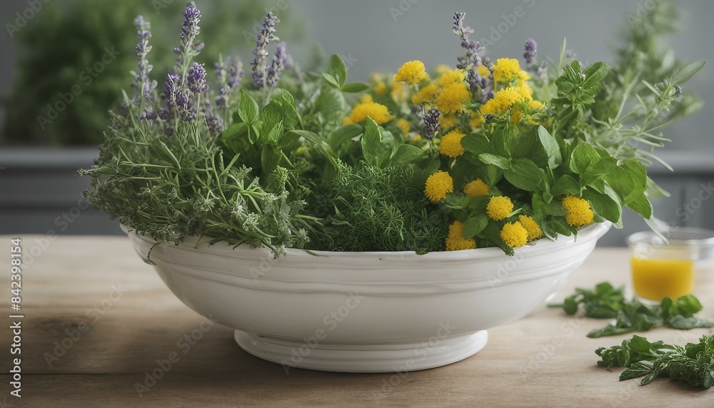 A white bowl holds mint, lavender, and yellow flowers, arranged in a floral display on a table for a vibrant scene. A white bowl holds mint, lavender, and yellow flowers, arranged in a floral display on a table for a vibrant scene.