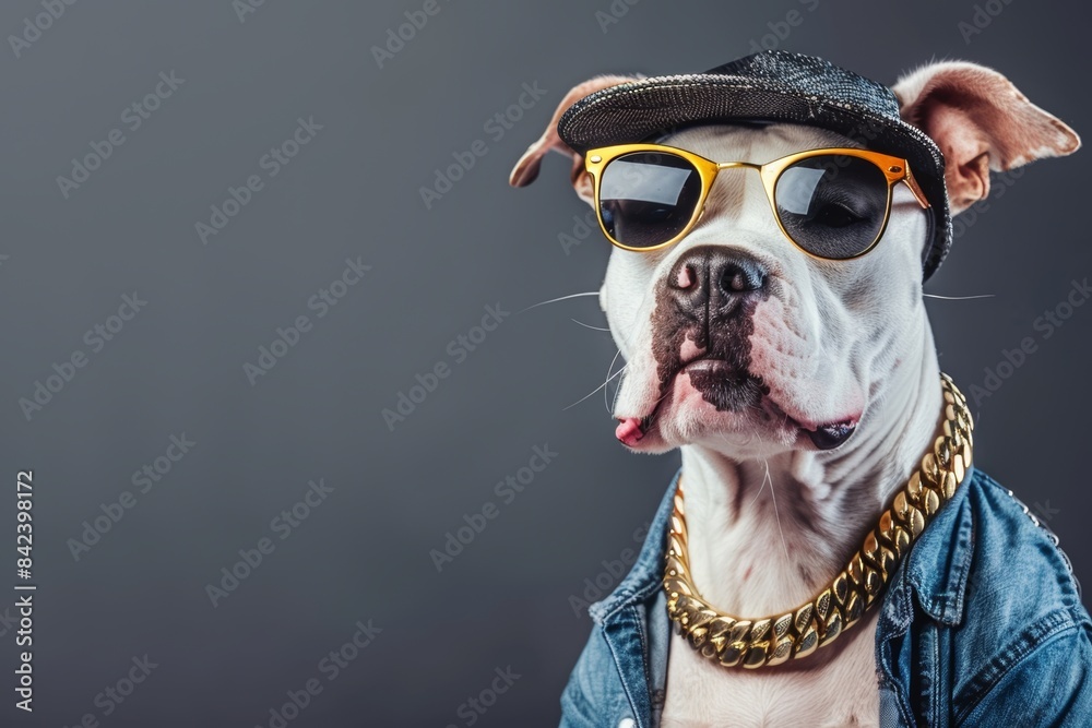 Stylish hip hop gangster dog with cap and gold chain posing on dark background, trendy banner design Stylish hip hop gangster dog with cap and gold chain posing on dark background, trendy banner design