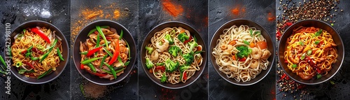 Top view collage of different types of Chinese noodles, including chow mein, lo mein, and biang biang noodles, with vibrant toppings