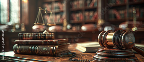 Judges bench with gavel and legal books