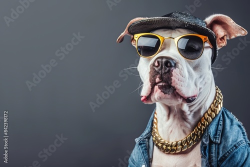 Stylish hip hop gangster dog with cap and gold chain posing on dark background, trendy banner design © Maksym