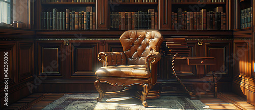 Judges chair and bench with legal books in the background photo