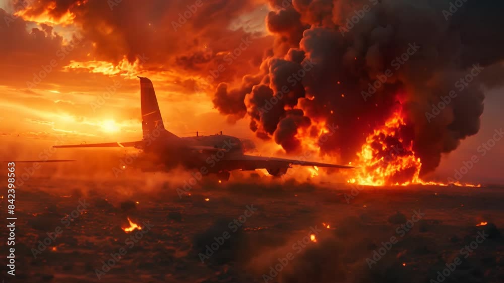 A dramatic image capturing the intense scene of a plane crash with towering flames and thick smoke set against a fiery sunset